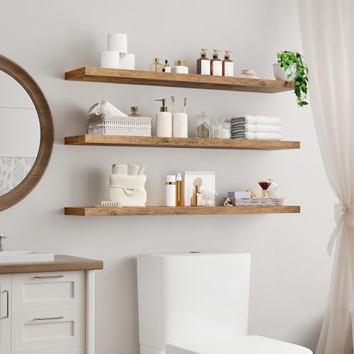Floating Wall Shelves Set of 3 - Rustic Brown, 47.2 Inches, Thick Wall Mount Storage