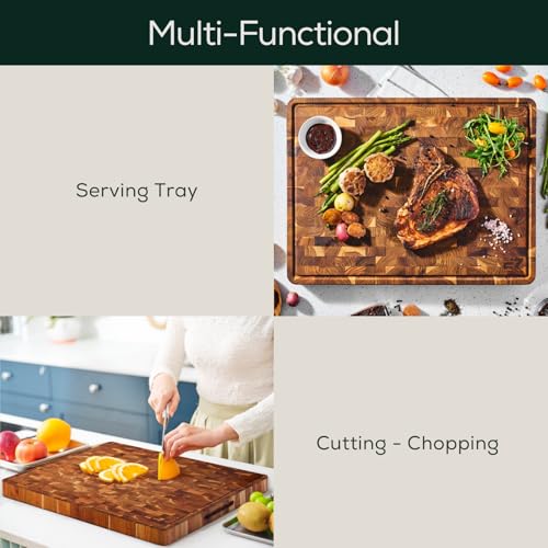 EZ FURNITURE XL Teak End Grain Reversible Cutting Board 24" x 18" with Juice Groove & Handles