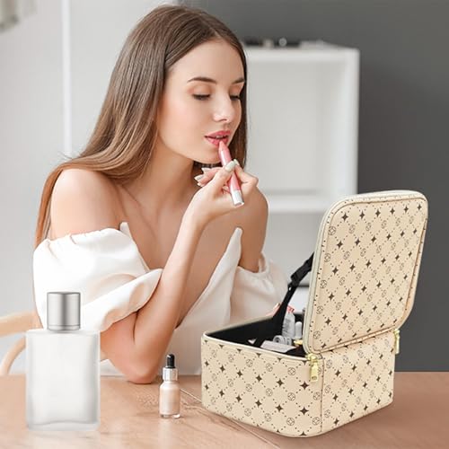 Travel Makeup Bag With 360¡Æ rotating LED Mirror,Waterproof cosmetic organizer,Portability Cosmetic case,Makeup organizer,Gift for Women,Girls Gift (Beige + Brown)