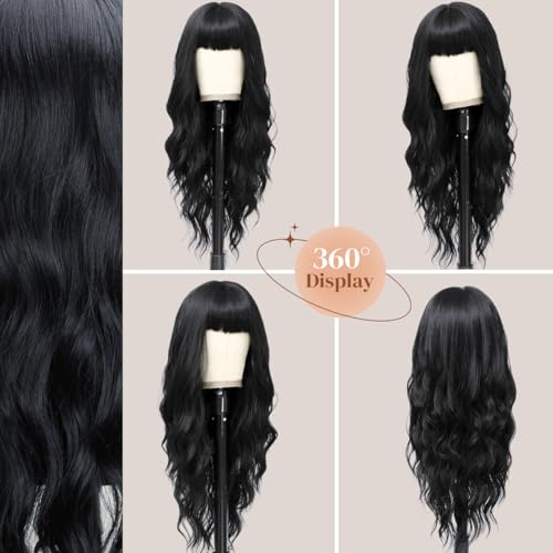 Black Wavy Wig with Bangs - 26 Inch Long Synthetic Hair for Women - Variation: Black / 26 Inch