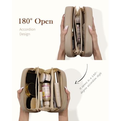 Pocmimut Makeup Bag,Open Flat Makeup Pouch Purse Car Accessories,Travel Essentials Organizer with Divider,Christmas Birthday Gifts for Mom and Lover,Apricot