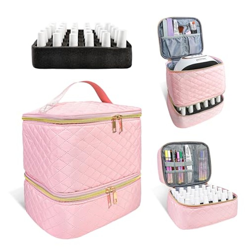 JEWHITENY Nail Polish Organizer Bag Holds 30 Bottles & Nail Lamp,Double-Layer Nail Polish Storage Bag with Adjustable Dividers,Portable Nail Kit Bag For Nail Stuff & Manicure Tools (Pink)