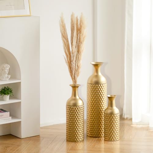 Gold Tall Floor Vase Set - 27in Decorative Metal Vases with Honeycomb Texture, 3-Piece