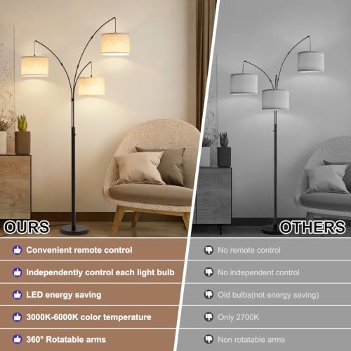 3 Light Arc Floor Lamp with Remote Control - Beige Shade & Black Pole, Adjustable & Dimmable