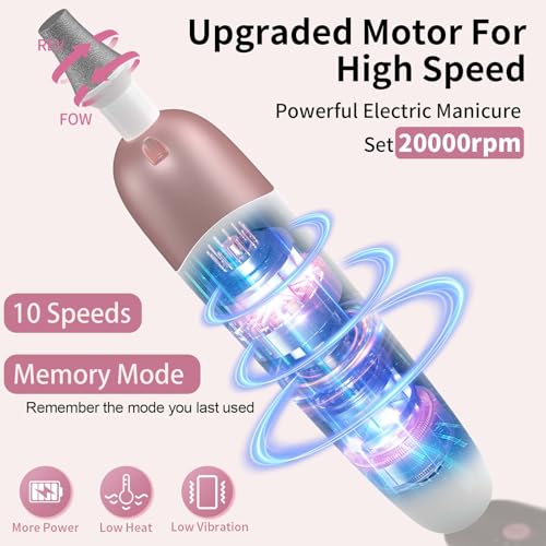 Electric Nail Drill Kit with 9 Bits - Pink Manicure Pedicure Set, Portable & Rechargeable