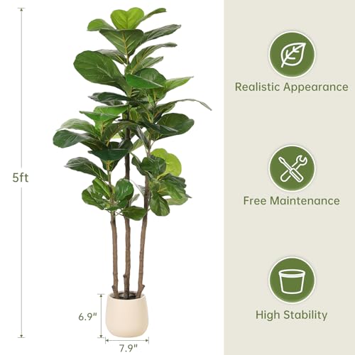 5ft Artificial Fiddle Leaf Fig Tree with White Planter - Lifelike Home Decor