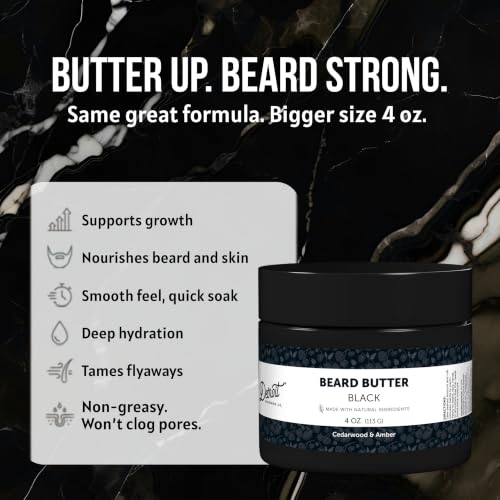 Detroit Grooming Co. Black Beard Butter 4oz - Premium Leave-In Conditioner & Softener for Men, Hydrating & Thickening