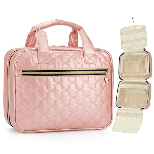 Travel Toiletry Bag, Hanging Makeup Organizer with Hook, Water-Resistant Cosmetic Bag, Fits Full-Size Shampoo & Conditioner Bottles, for Women & Men, Makeup Accessories & Brushes (Pink, Large)