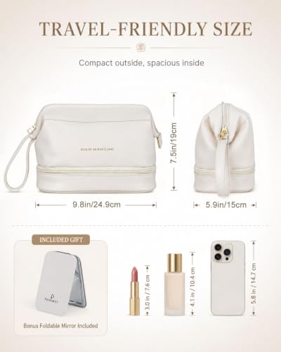 Pocmimut Large White PU Leather Makeup Bag with Mirror, Double Layer Travel Organizer for Women