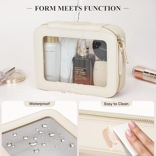 Medium Beige Clear Makeup Bag with Zipper - Travel Cosmetic Organizer
