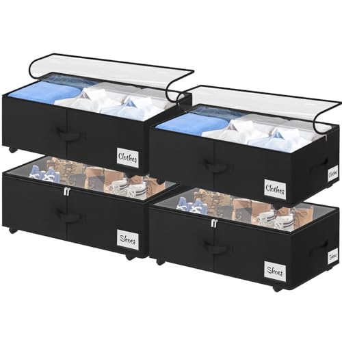 Under Bed Storage with Wheels 75L Black 4-Pack Clear Lid & Label - 10 Inch