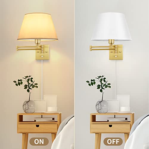 Gold Dimmable Wall Sconce Set of 2 - Large Swing Arm Wall Lights with Plug-In Cord
