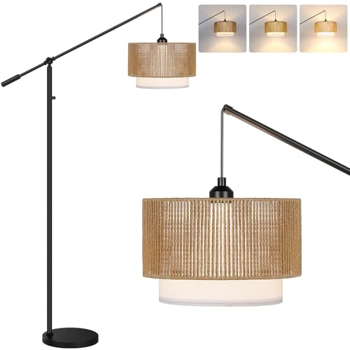 Yemela Boho Matte Black Dimmable Floor Lamp with Rattan & Fabric Shades, Adjustable Swing Arm, Tall Farmhouse Standing Lamp for Living Room & Bedroom