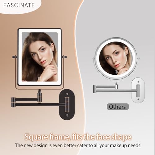 FASCINATE 5000mAh Rechargeable Wall Mounted Makeup Mirror, 8.7" Double Sided Touch Switch 1X 30X Rectangle Wall Mounted Magnifying Mirror with Light, 3 Color Setting, Extended Arm 360¡Æ Foldable Bronze
