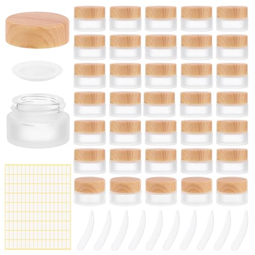 36 Pcs Glass Cosmetic Containers, Frosted Cosmetic Jars with Scoop and Sticker 0.17 OZ Makeup Sample Containers for Makeup Lotion Lip Balm Eye Cream(White)