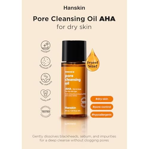Hanskin Alpha Hydroxy Acid Pore Cleansing Oil, Sample Trial Mini Size, Exfoliating Makeup Remover Facial Cleanser Set, Moisturizing [30 ml/Pack of 3]