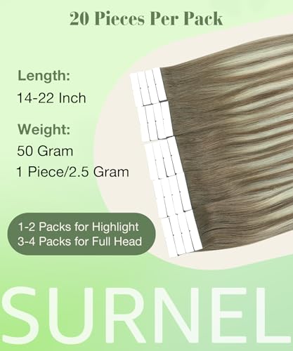 SURNEL 20 Inch Tape-in Hair Extensions #8T60 Ash Brown to Platinum Blonde 20pcs 50g