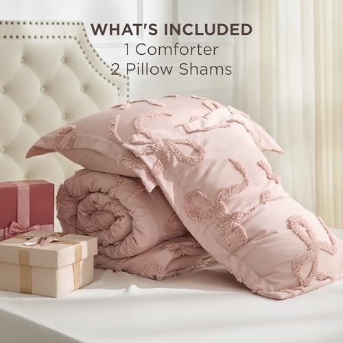 Full Size Pink Comforter Set with Bow Embroidery – 3 Pieces Tufted Rose Pink Bedding