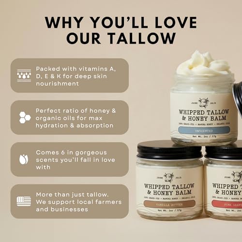 Whipped Grass-Fed Tallow Balm & Manuka Honey For Skin Face Body - Organic Jojoba & All-Natural Moisturizing Cream for Nourished, Soft Skin - Handmade All-Natural Moisturizer (2 Oz, Pink Grapefruit)