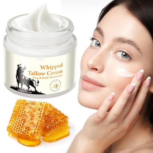 Beef Tallow for Skin, Beef Tallow Honey Balm, Organic Moisturizer for Face & Body Skin Care, Deeply Nourishes the Skins with Raw Wild Honey, Fast Absorption for Dry & Aging Skin