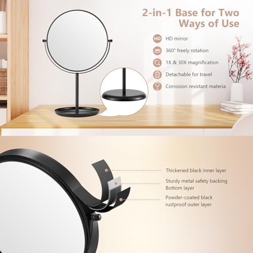 DECLUTTR 8-Inch 30X Magnifying Makeup Mirror with Stand, 15" Length, Double-Sided Metal Vanity for Bathroom & Travel, Black