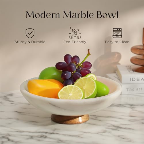 White Marble Fruit Bowl with Acacia Wood Pedestal - Large Decorative Kitchen Counter Centerpiece - 11 Inch
