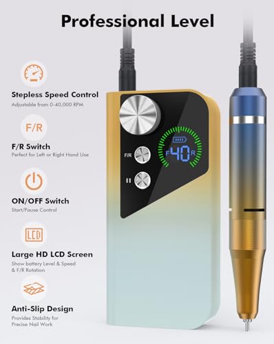 Homeasy Yellow Rechargeable Nail Drill 40000RPM with Bits & LCD Screen - Professional Manicure & Pedicure E-File
