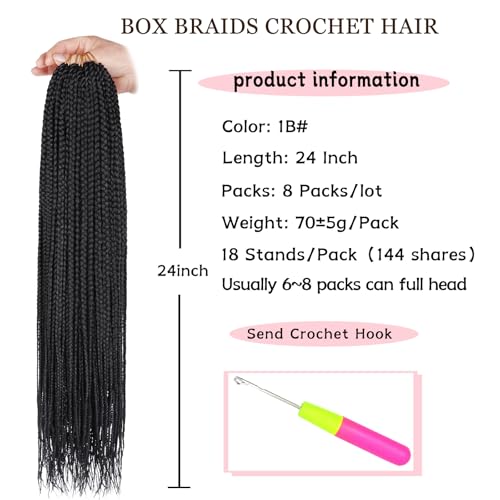 XTREND 8 Packs 24 Inch Box Braids Crochet Hair Pre-Looped Knotless Medium 3X 144 Strands Black (1B#)