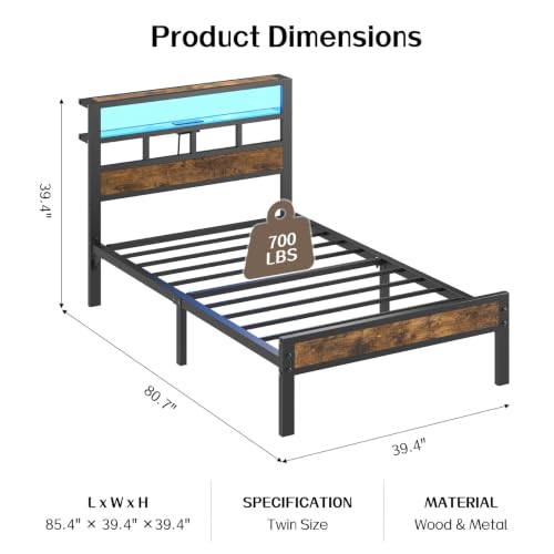 Vintage Brown Twin Bed Frame with Charging Station & LED Lights