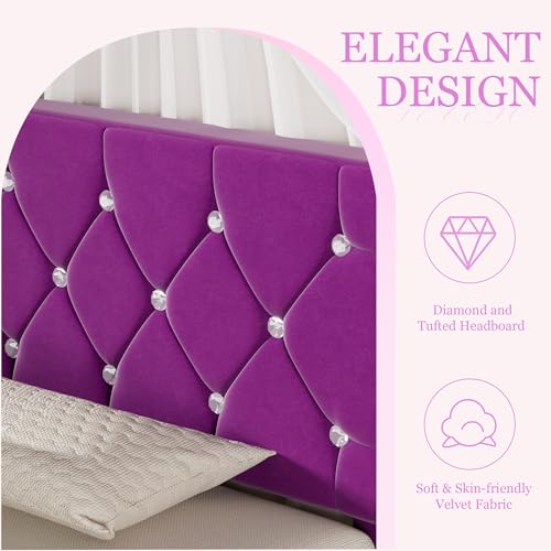 Purple Twin Size Bed Frame with Diamond Tufted Headboard - Upholstered Platform Bed with Wood Slats - No Box Spring Needed - Variation: Purple-1