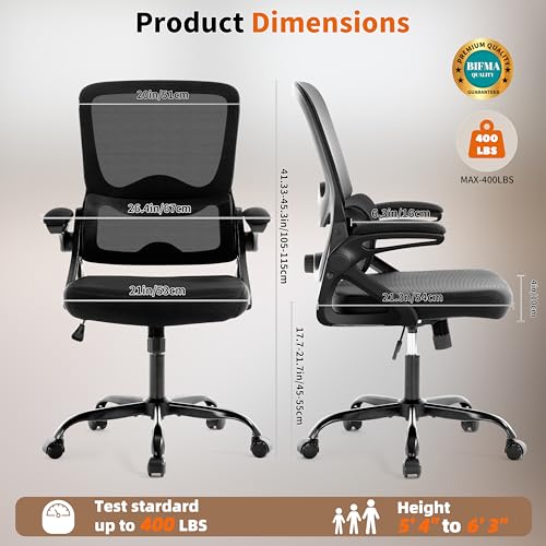 Black Ergonomic Mesh Office Chair with Lumbar Support, Flip-Up Arms, 400 lbs Capacity