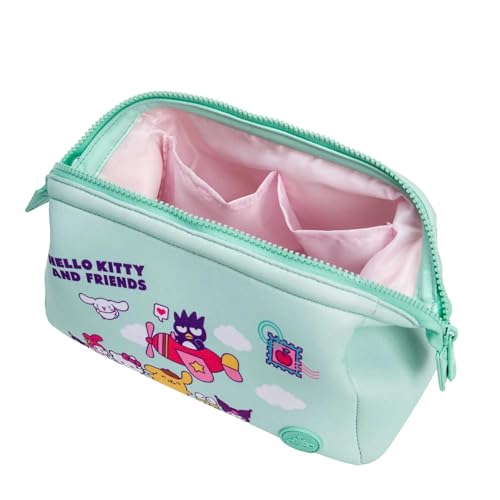 Impressions Vanity Hello Kitty and Friends Vacay Cosmetic Pouch for Women, Vacation Print Artwork Travel Makeup Bag Organizer with 2 Inner Pocket, Metal Zipper Faux Leather Handheld Purse (MInt)