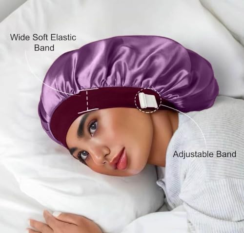 SereLune Purple Double Layer Mulberry Silk Sleep Bonnet for Long Hair, Soft Elastic Band