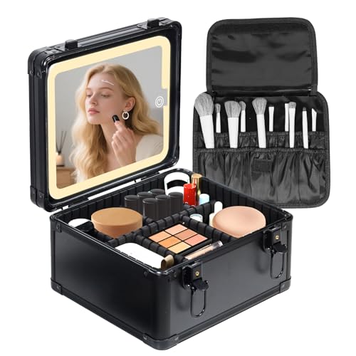 Travel Makeup Case with Lighted LED Mirror ? Waterproof Cosmetic Organizer with Adjustable Dividers, Portable Makeup Train Case for Women, Black