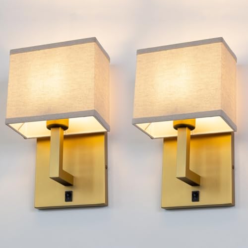 Antique Boho Linen Brass Wall Sconce Set of 2 - On Off Switch Vintage Fabric Light