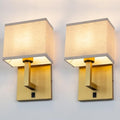 Antique Boho Linen Brass Wall Sconce Set of 2 - On Off Switch Vintage Fabric Light