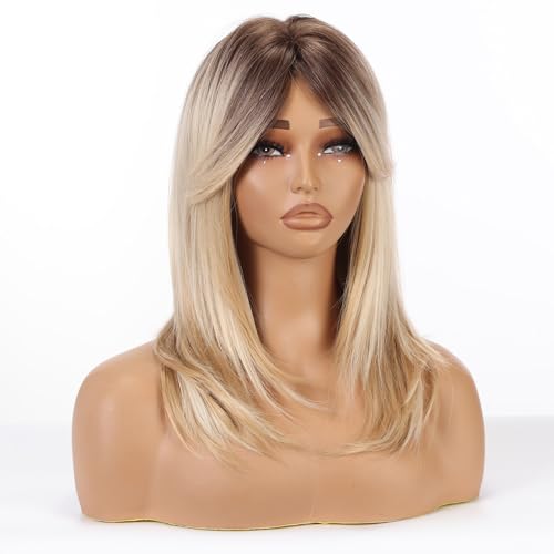 Allbell Mixed Blonde Curtain Bangs Wig - Medium Length Layered Synthetic Hair