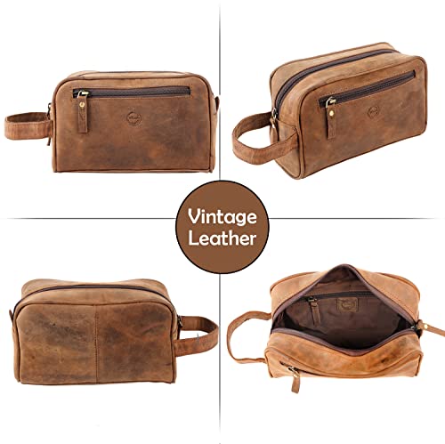 Men’s Leather Travel Toiletry Bag Small Shave Kit Organizer - Vintage Style