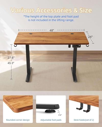 Electric Standing Desk 48x24 Inches Adjustable Height Home Office Workstation - Black Frame/Rustic Brown Top