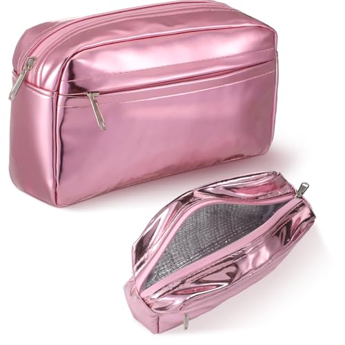 Pink Insulated Makeup Bag for Car Cosmetic Bag for Women Girls Metallic PU Portable Zippered Makeup Pouch Travel Organizer Shields Cosmetics from Freezing Melting Party Gifts, 7.9''x4.7''