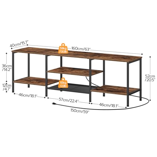 63 Inch Rustic Brown & Black TV Stand with Power Outlets - Open Storage Shelves