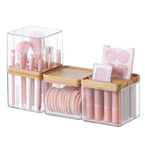 Makeup Brush Holder Comb with Cover Makeup Containers Organizers Set Makeup Holder Box Cosmetic Case With Lid Waterproof Dustproof Beauty Skincare Organizer Bathroom Vanity Countertop,Gift,Clear£¬3PCS