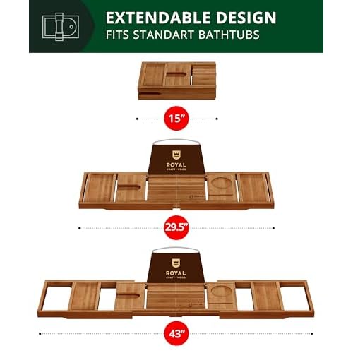 ROYAL CRAFT WOOD Premium Foldable Bathtub Tray - Wood Bath Tray for Tub, Bamboo Shelf, Expandable Bath Table Trays, Bathtub & Bathroom Accessories for New Home Gifts for Mom