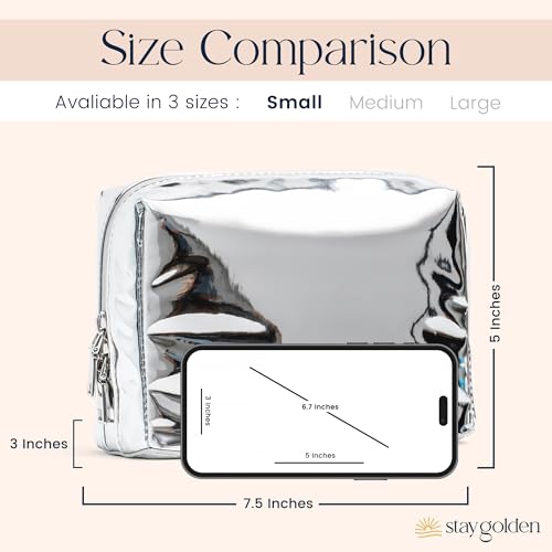 Stay Golden Metallic Silver Insulated Waterproof Makeup Bag for Women Heat-Resistant Travel Cosmetic & Toiletry Bag | Luxurious Vegan Leather Portable Makeup Organizer - Small