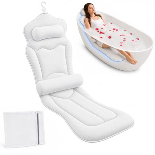 White Extra Long Bathtub Pillow with Adjustable Lumbar Support - Fast Dry Spa Accessory