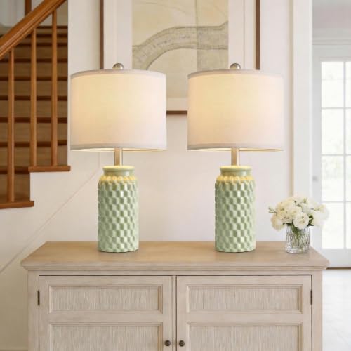 20.5-Inch Green Ceramic Bedside Lamps Set of 2 with Linen Shades