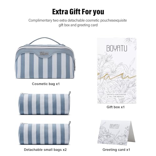 BOYATU Travel Makeup Bag Cosmetic Bag for Women: 3 Pcs Set Make up Bag with Compartments - Waterproof Vegan Leather Toiletry Bags with Handle - Makeup Organizer for Travel Essentials(A-1-Blue)