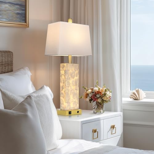 28-Inch Coastal Shell Table Lamps Set of 2 - Gold Nautical Bedside Lighting with USB Charging