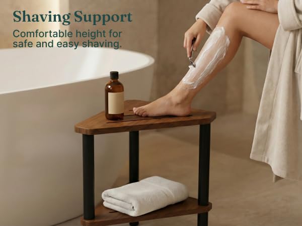 Corner Teak Shower Stool with Shelf - Waterproof Wooden Bathroom Seat