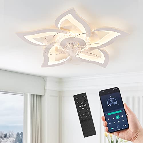 LEDIARY White Flower Shaped Ceiling Fan with Light, Low Profile, Dimmable LED & App Control